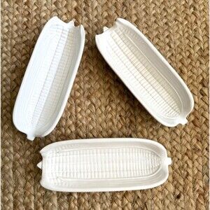 Bordallo Pinheiro Portugal White Ceramic Corn on the Cob Dishes Vtg Lot of 3